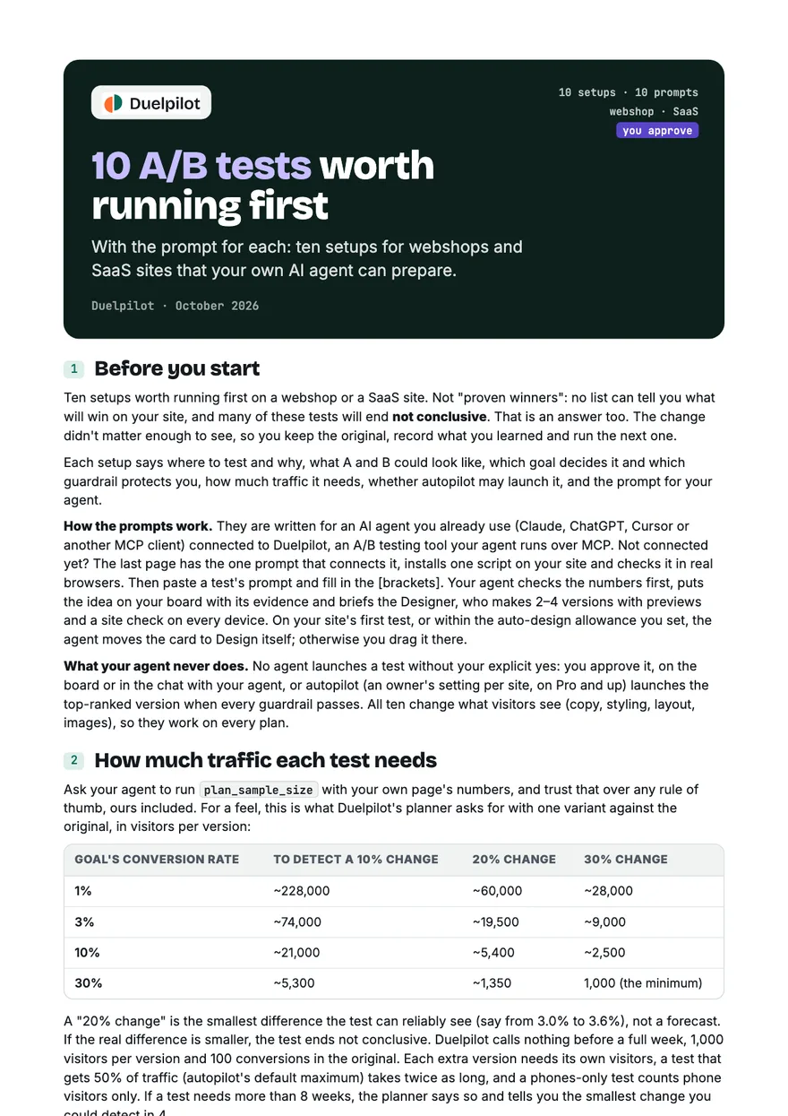 The first page of 10 A/B tests worth running first: the cover and the start of the introduction