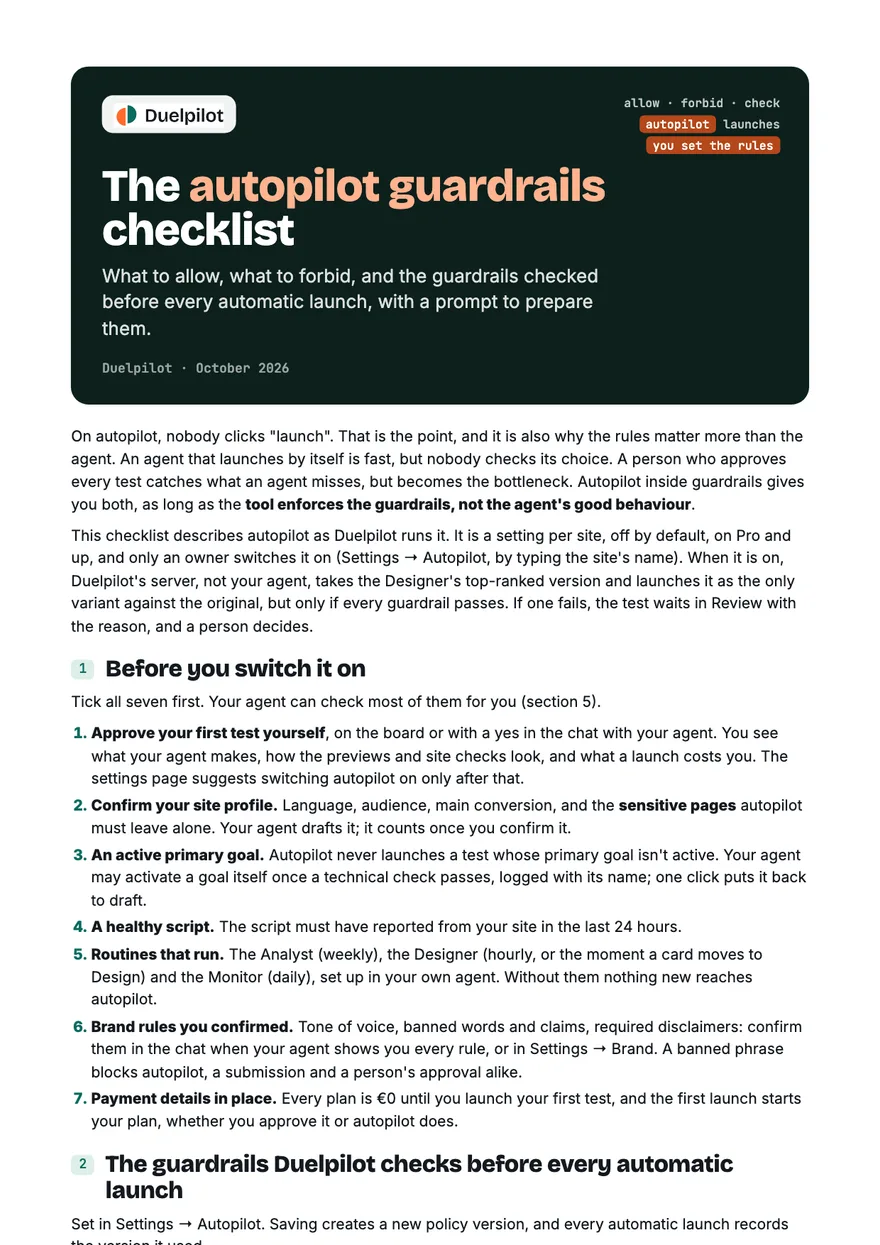 The first page of the autopilot guardrails checklist: the cover and the checks before switching autopilot on