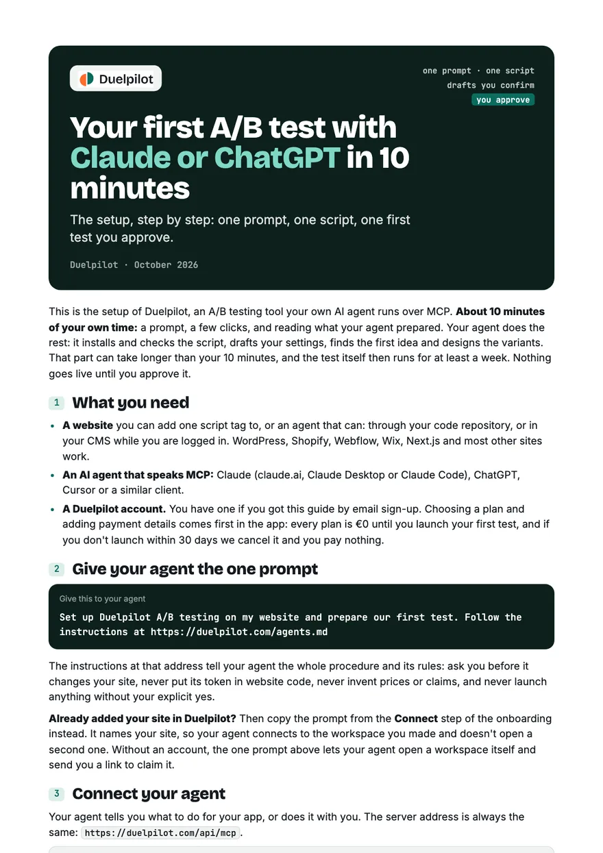 The first page of the guide Your first A/B test with Claude or ChatGPT in 10 minutes: the cover and what you need