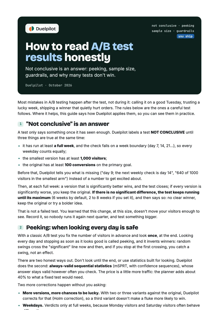 The first page of How to read A/B test results honestly: the cover and why not conclusive is an answer