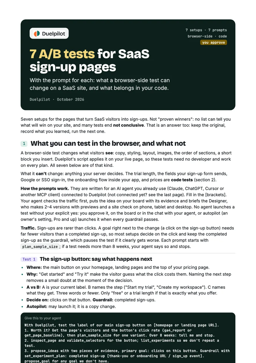 The first page of 7 A/B tests for SaaS sign-up pages: the cover and what a browser-side test can change
