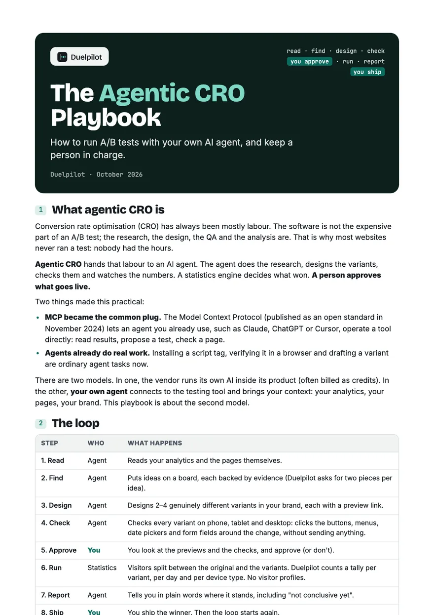 The first page of the Agentic CRO Playbook: the cover and the loop from reading analytics to shipping a winner